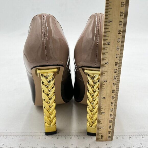 FSJ Nude Gold Metal Chain Chunky High Heel Pointed Toe Slip On Party  Pumps - Picture 5 of 8